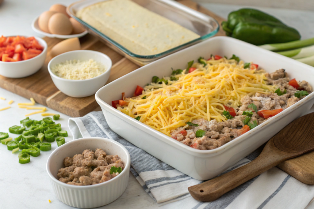 Freshly baked High-Protein Breakfast Casserole with layers of eggs, vegetables, and turkey, topped with golden melted cheese, served warm.





