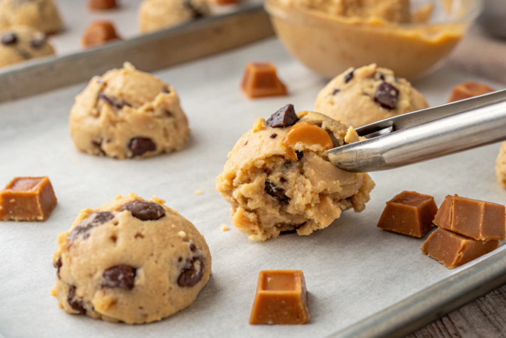 Freshly baked Chocolate Chunk Salted Caramel Cookies with gooey caramel and melted chocolate chunks, sprinkled with coarse sea salt for a sweet-salty finish.





