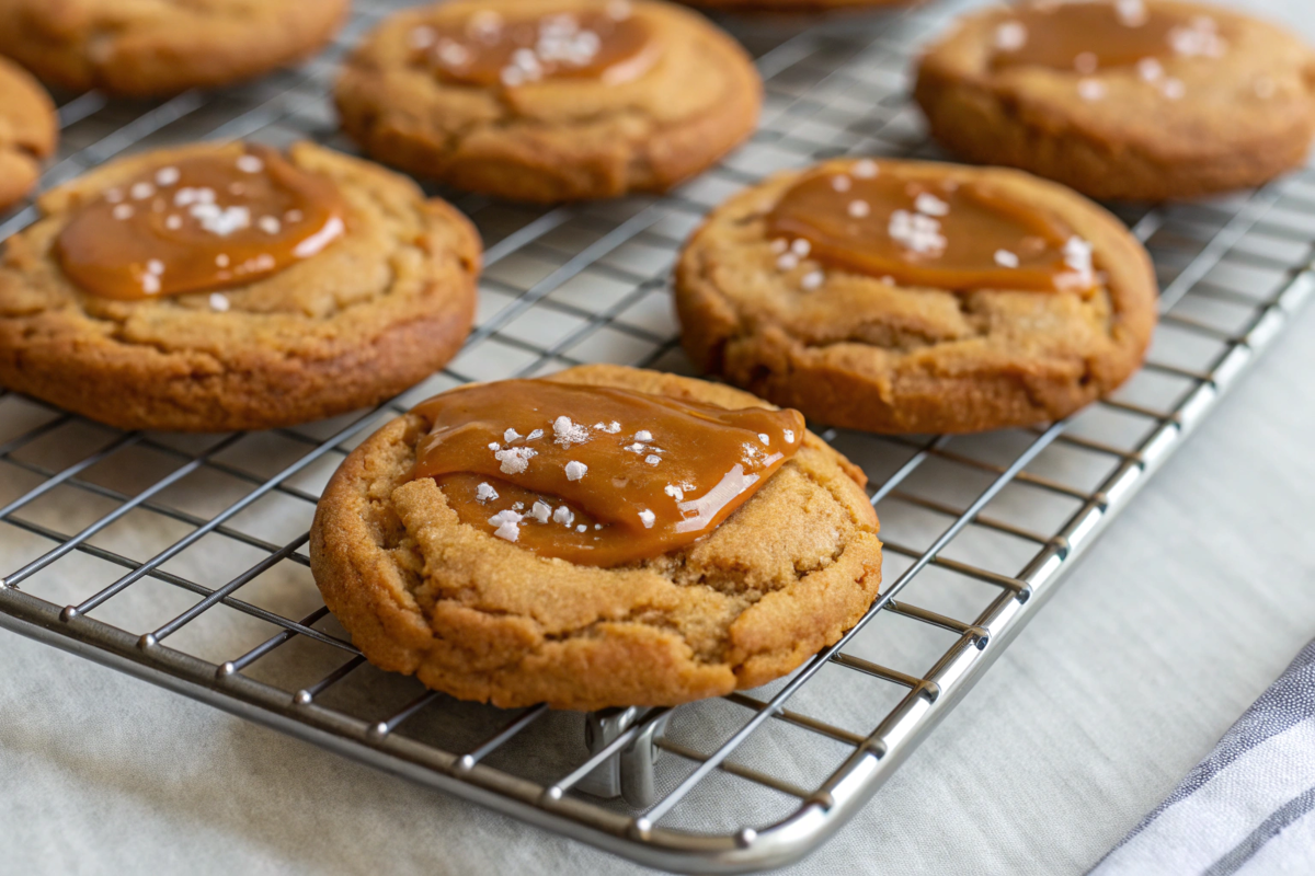 Freshly baked Chocolate Chunk Salted Caramel Cookies with gooey caramel and melted chocolate chunks, sprinkled with coarse sea salt for a sweet-salty finish.