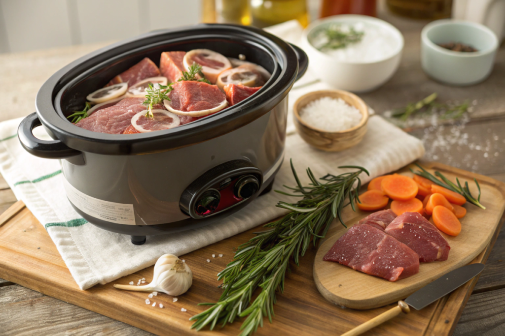 Best steak to cook in a slow cooker featuring tender chuck steak surrounded by rich broth, vegetables, and garnished with fresh herbs.






