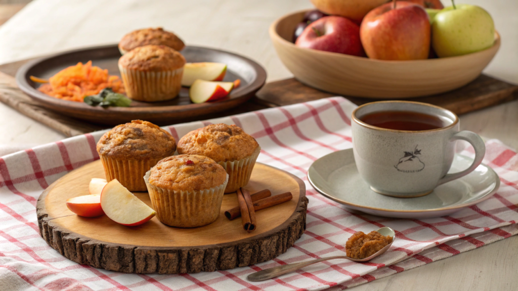 Freshly baked apple and carrot muffins on a cooling rack, with grated carrots, apple slices, and a rustic wooden table in the background.






