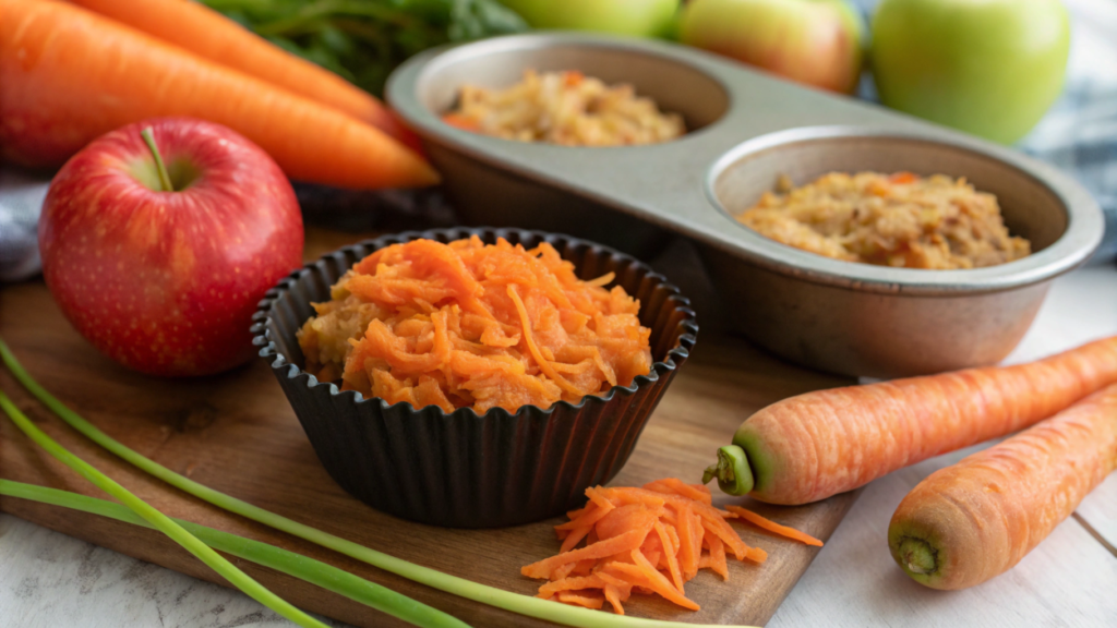 Freshly baked apple and carrot muffins on a cooling rack, with grated carrots, apple slices, and a rustic wooden table in the background.






