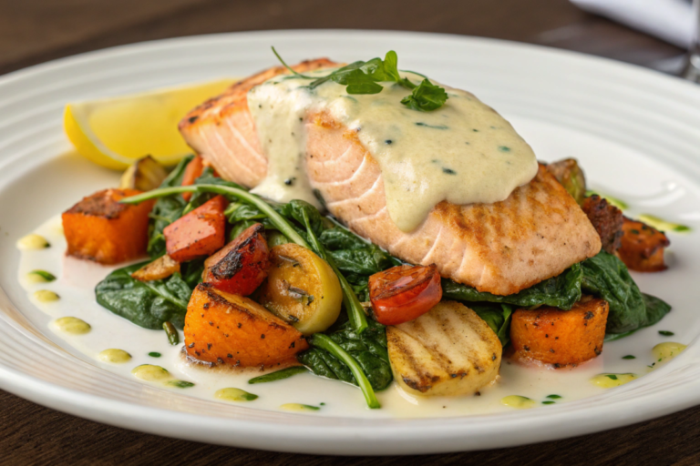 Seared salmon fillet served on a bed of creamy spinach with cheese sauce, garnished with fresh parsley and a side of roasted vegetables.