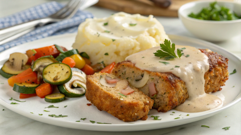 Chicken Cordon Bleu Meatloaf layered with ham and Swiss cheese, topped with creamy mushroom sauce