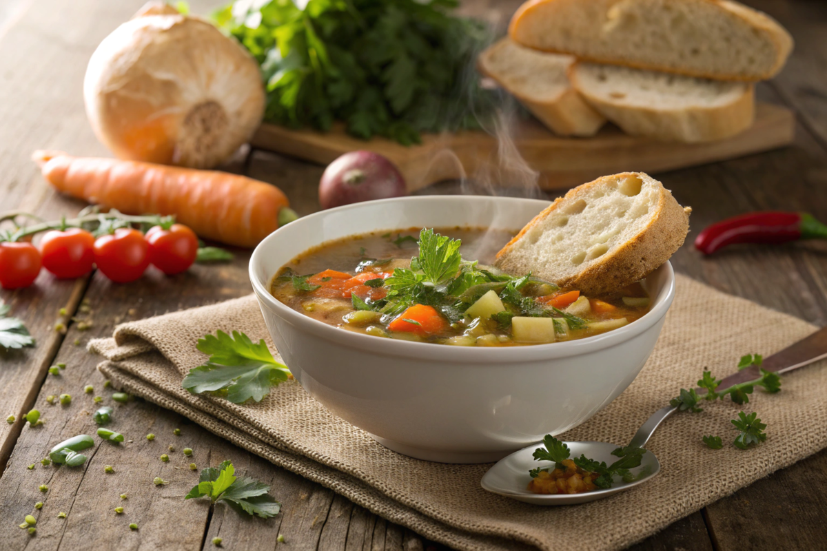 A steaming bowl of vegetable soup filled with vibrant carrots, celery, beans, and tomatoes, garnished with fresh parsley and served with bread.