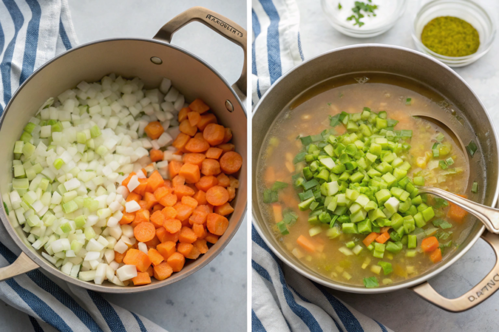 A steaming bowl of vegetable soup filled with vibrant carrots, celery, beans, and tomatoes, garnished with fresh parsley and served with bread.






