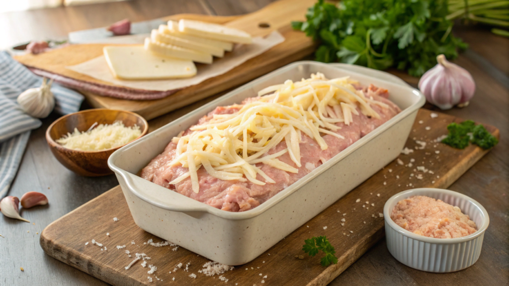 Sliced Chicken Cordon Bleu Meatloaf with rich mushroom sauce served alongside roasted vegetables