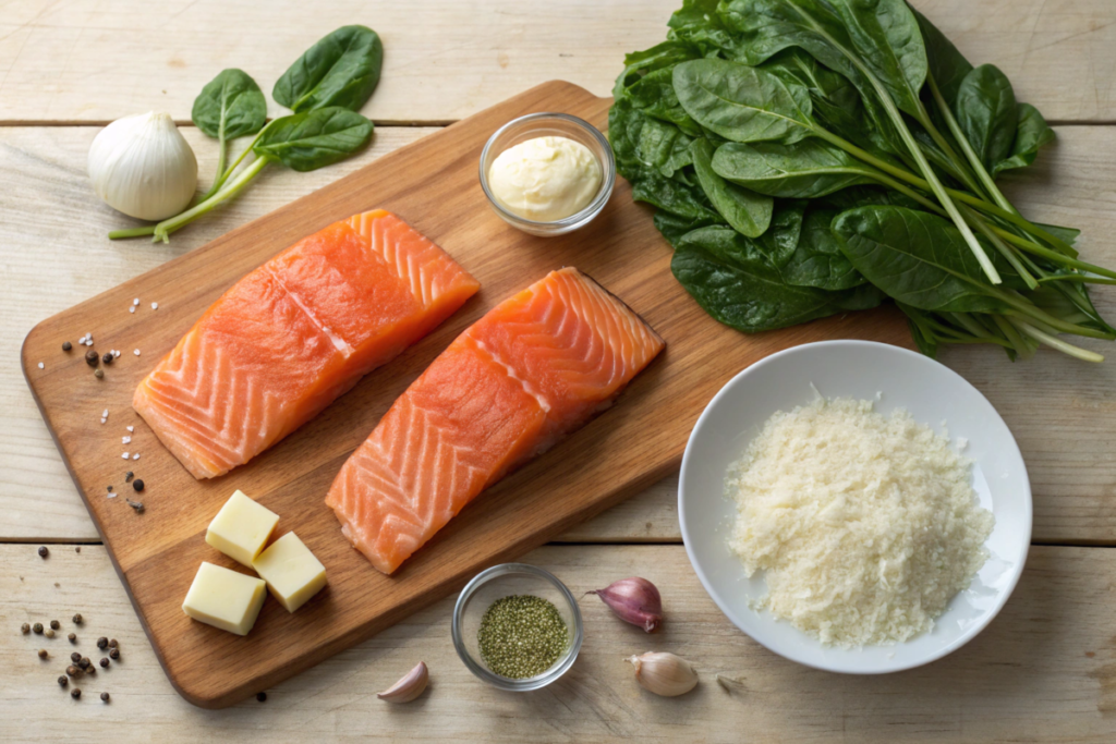 Seared salmon fillet served on a bed of creamy spinach with cheese sauce, garnished with fresh parsley and a side of roasted vegetables.





