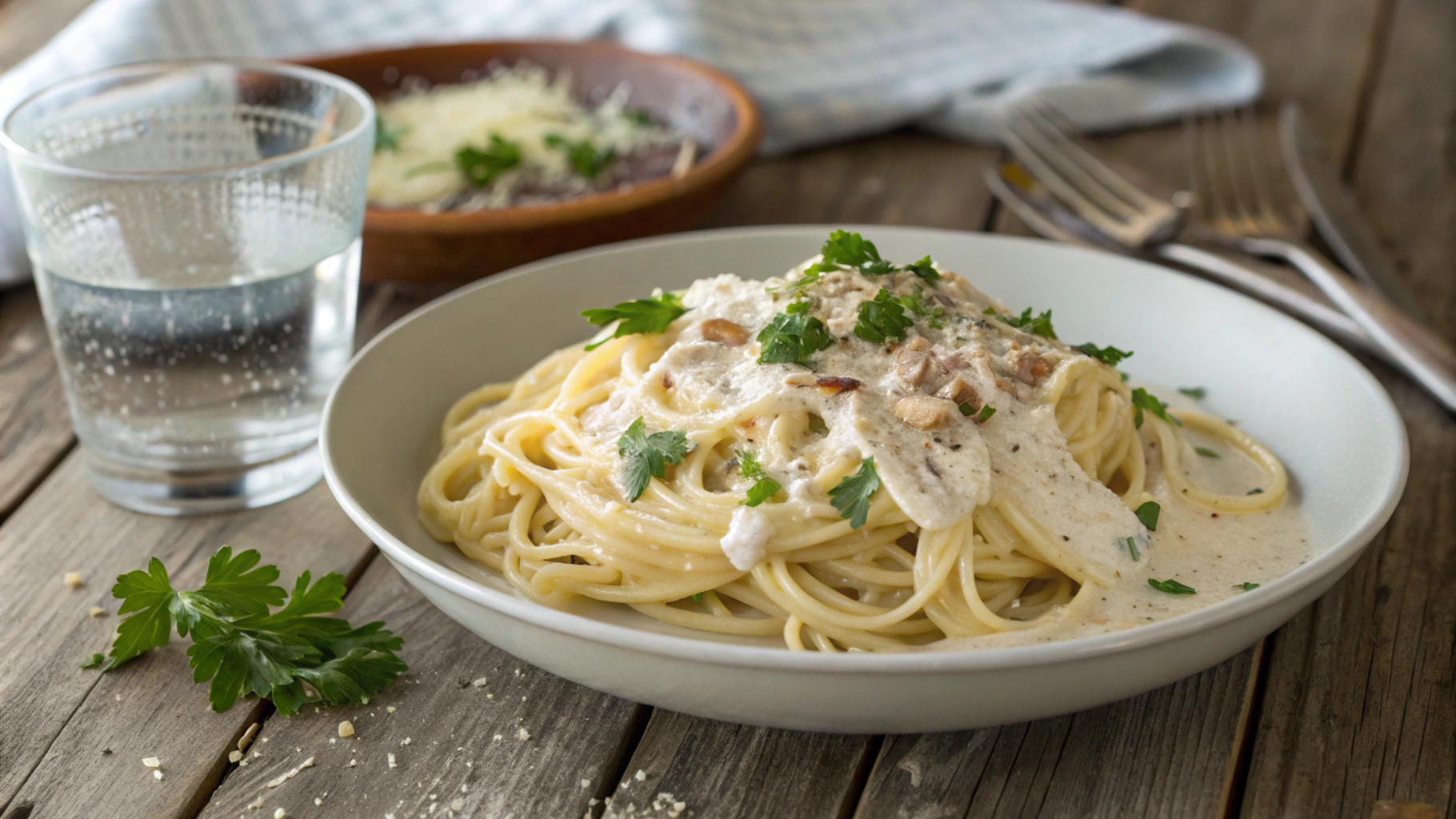 A beautifully plated dish of creamy spaghetti topped with parmesan cheese and fresh parsley, served on a white plate with a rustic wooden backdrop.