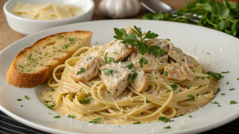 Plate of creamy chicken spaghetti with fresh herbs and a sprinkle of Parmesan on top, served for dinner.