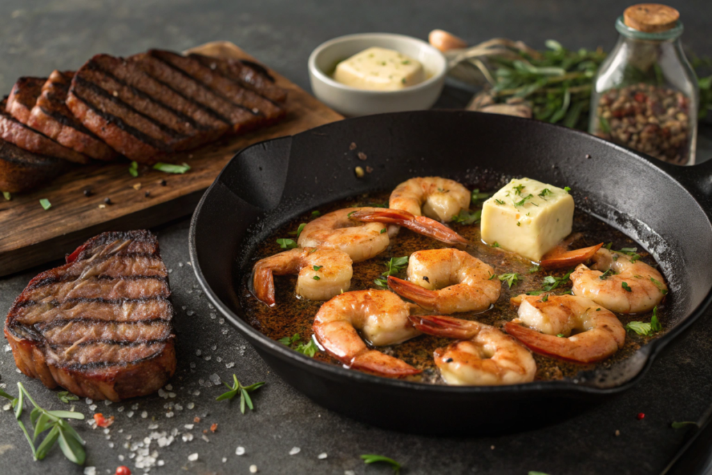 A plate of Cajun Surf & Turf Alfredo featuring creamy fettuccine pasta topped with seared steak slices and shrimp, garnished with fresh parsley.






