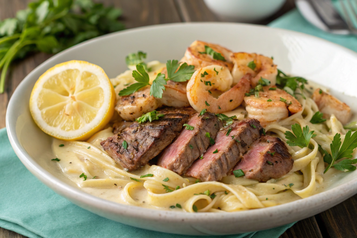 A plate of Cajun Surf & Turf Alfredo featuring creamy fettuccine pasta topped with seared steak slices and shrimp, garnished with fresh parsley.