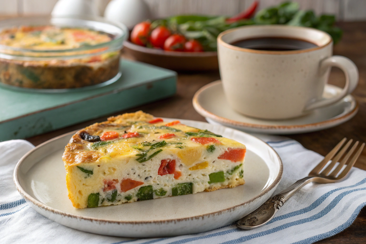 A cross-section of a baked frittata on a plate, featuring layers of colorful vegetables, cheese, and fluffy eggs. The background should display a cozy breakfast setting with a cup of coffee, napkin, and utensils, emphasizing a balanced morning meal