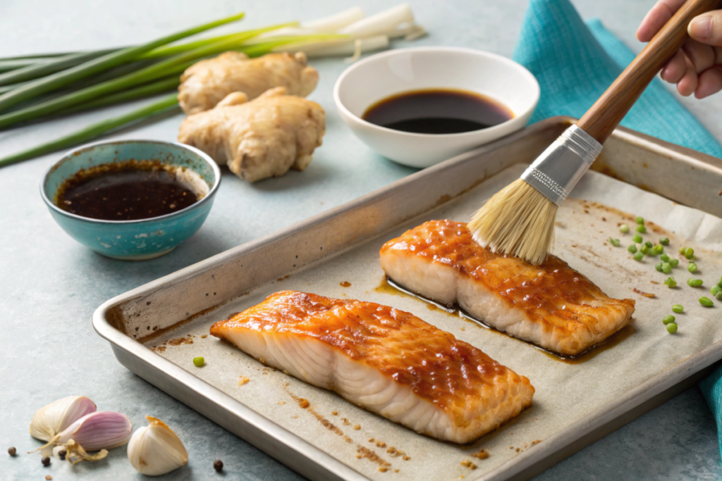 Glazed Baked Barramundi served with rice and vegetables, topped with a soy-honey glaze and garnished with sesame seeds and fresh herbs.

