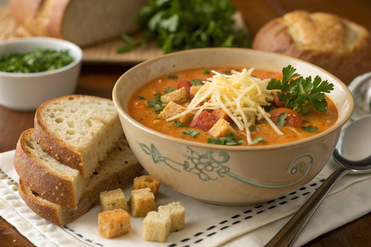 A steaming bowl of Potato Broccoli Cheddar Soup topped with melted cheese and croutons, served with crusty bread.