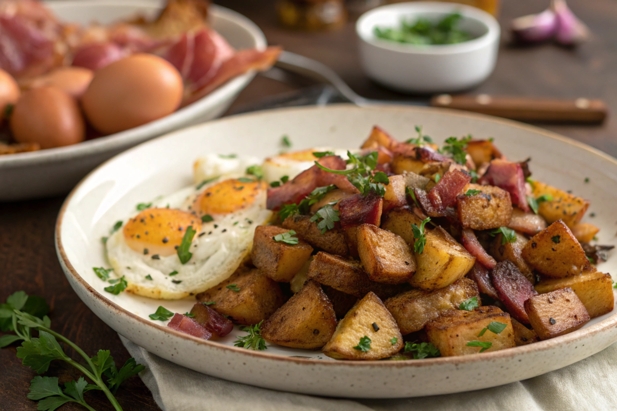 A plate of golden-brown fried potatoes and caramelized onions garnished with parsley, served hot from the skillet.