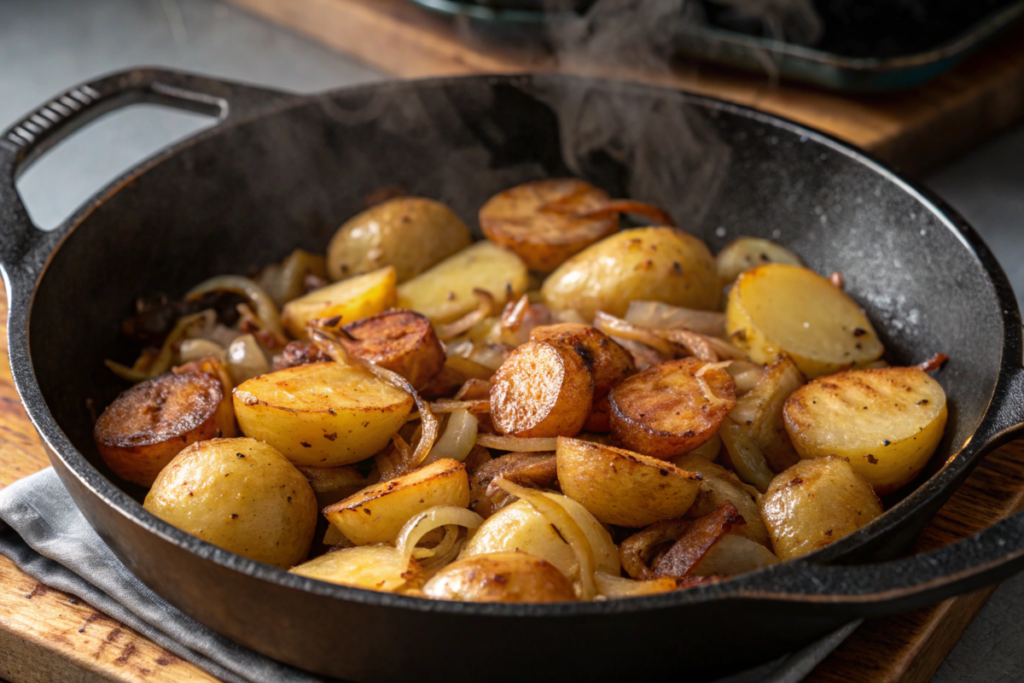 A plate of golden-brown fried potatoes and caramelized onions garnished with parsley, served hot from the skillet.