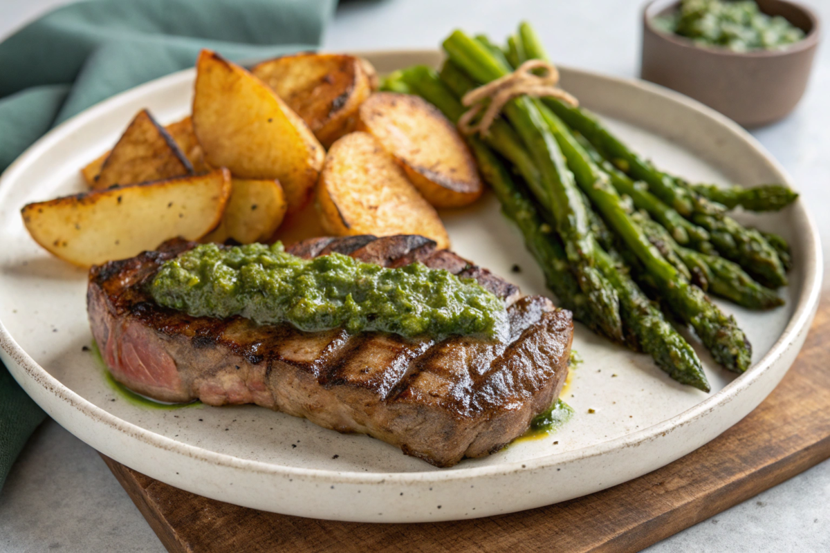 Grilled steak topped with chimichurri sauce, served with crispy baked potatoes and garnished with fresh parsley on a stylish dinner plate.