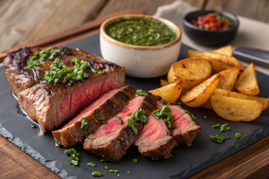 Grilled steak topped with chimichurri sauce, served with crispy baked potatoes and garnished with fresh parsley on a stylish dinner plate.





