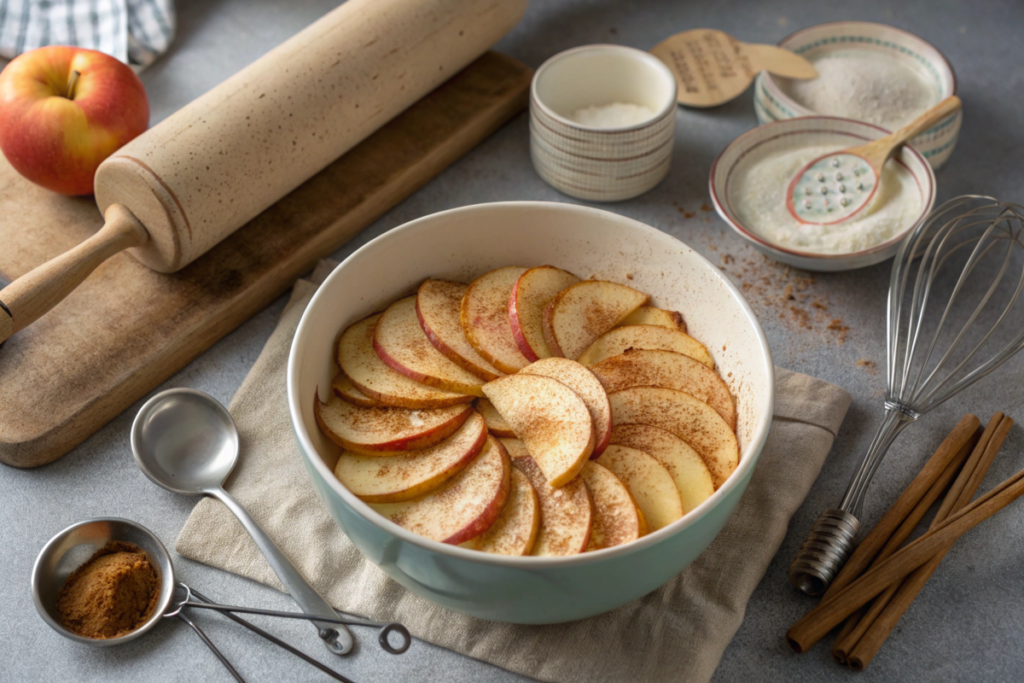 A golden apple slab pie topped with cinnamon and served on a wooden tray alongside whipped cream.