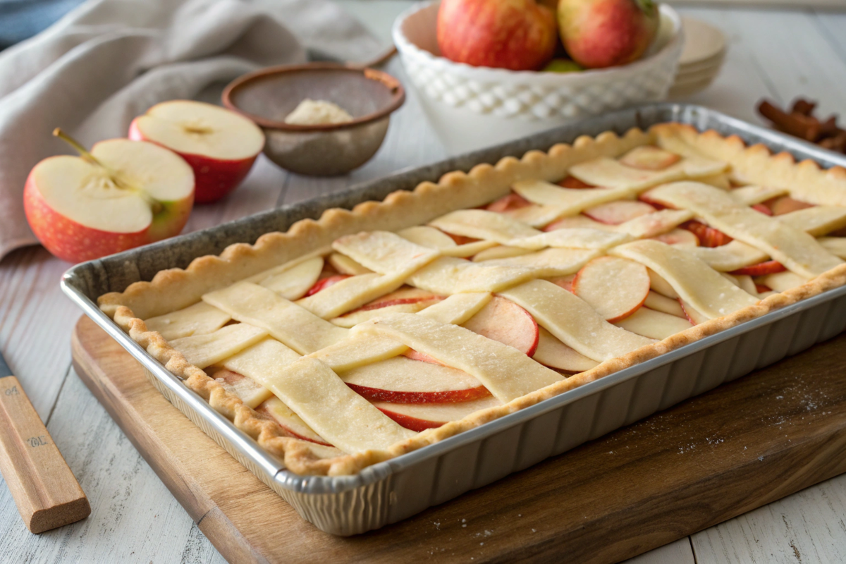 A golden apple slab pie topped with cinnamon and served on a wooden tray alongside whipped cream.