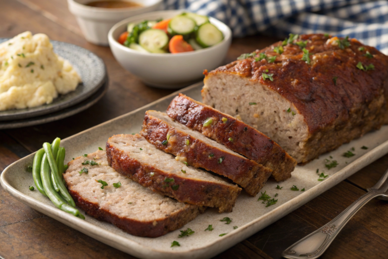 Ingredient keeps meatloaf from falling apart, featuring a sliced, moist meatloaf on a platter with visible binders and sides of mashed potatoes.