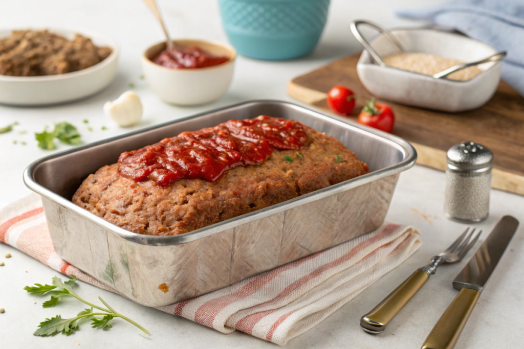 Ingredient keeps meatloaf from falling apart, featuring a sliced, moist meatloaf on a platter with visible binders and sides of mashed potatoes.






