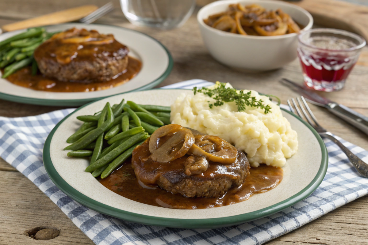 Hamburger Steaks with Onion Gravy served with mashed potatoes and green beans, topped with caramelized onions and rich, savory gravy.