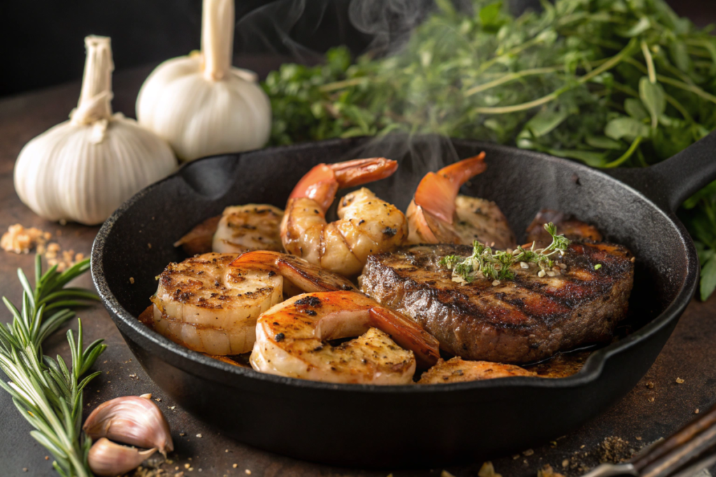 Cajun Shrimp and Steak Feast served with rice and vegetables, garnished with parsley and fresh herbs.