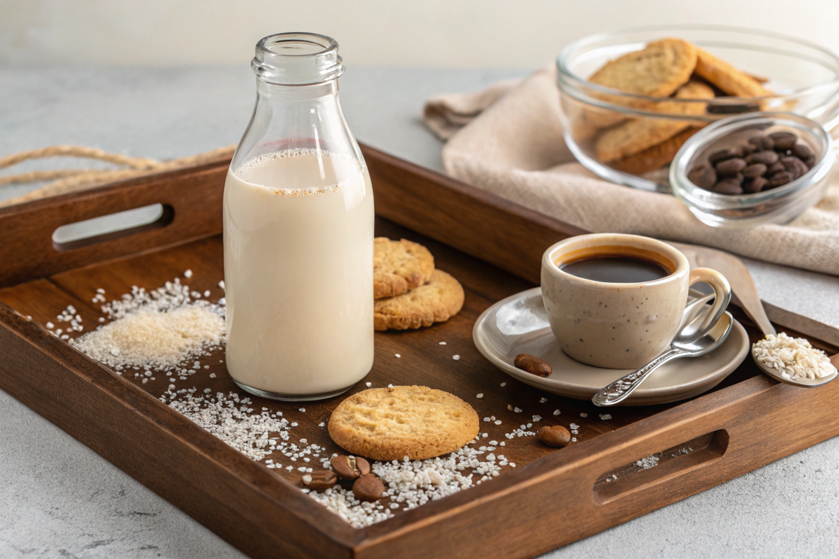 Homemade salted cookie creamer in a glass jar, surrounded by cookies, a cup of coffee, and a touch of sea salt for a sweet and salty treat.