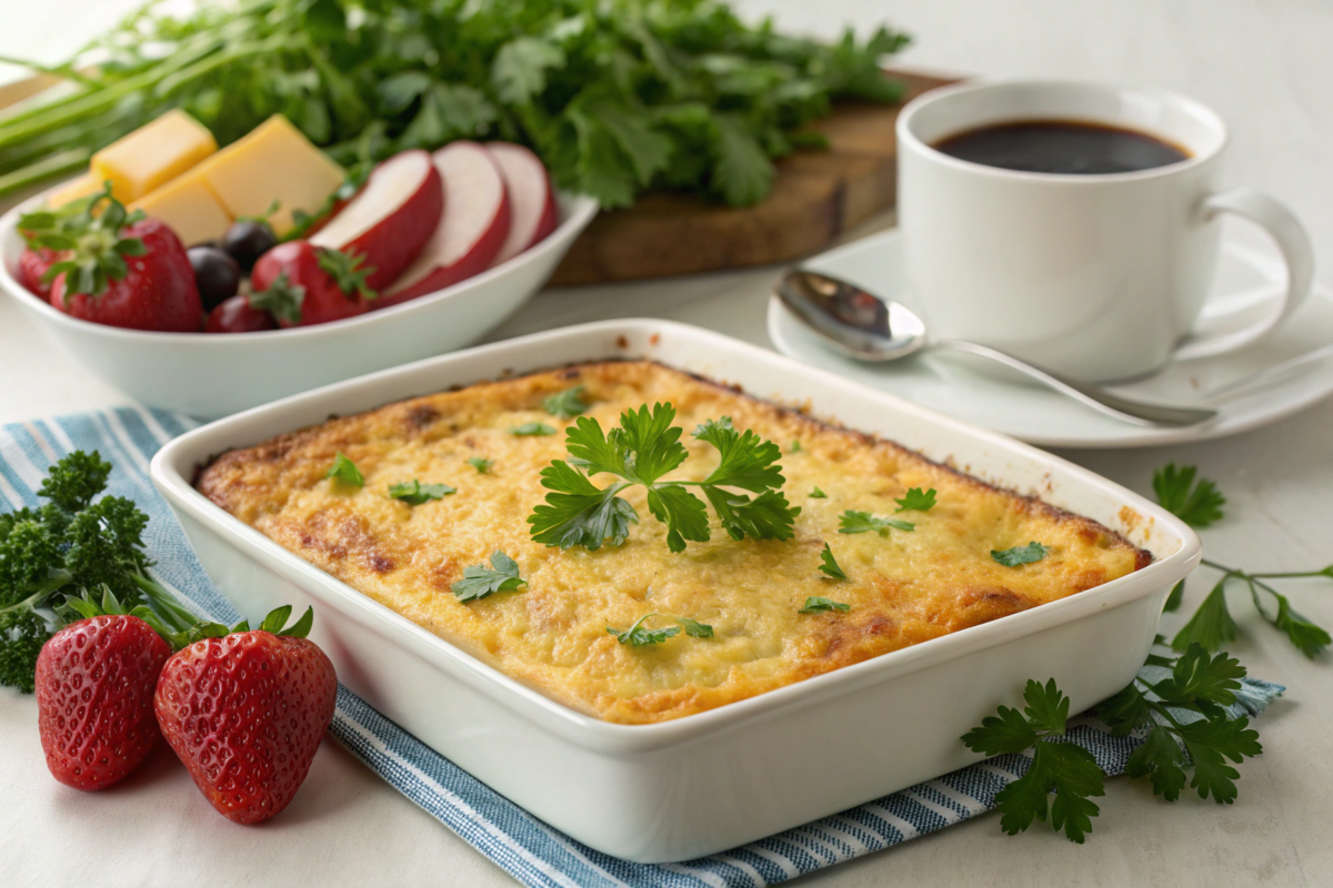 Golden-brown Breakfast Grits Casserole, topped with melted cheese and garnished with fresh parsley, served warm for a hearty breakfast.