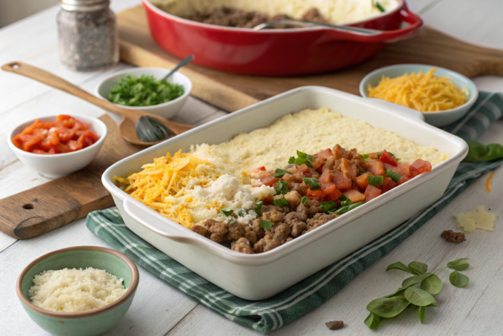 Golden-brown Breakfast Grits Casserole, topped with melted cheese and garnished with fresh parsley, served warm for a hearty breakfast.





