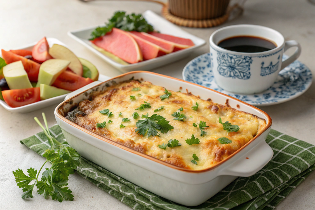 Freshly baked No-Egg Breakfast Casserole with a golden crust, filled with vegetables, potatoes, and cheese, served with fresh fruit.