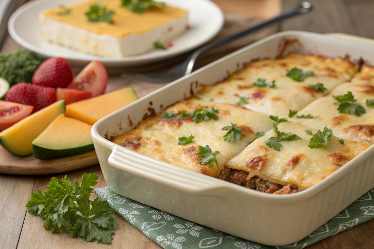 Golden-brown Egg-Free Breakfast Casserole with layers of potatoes, vegetables, and melted cheese, served warm with fresh herbs on top.