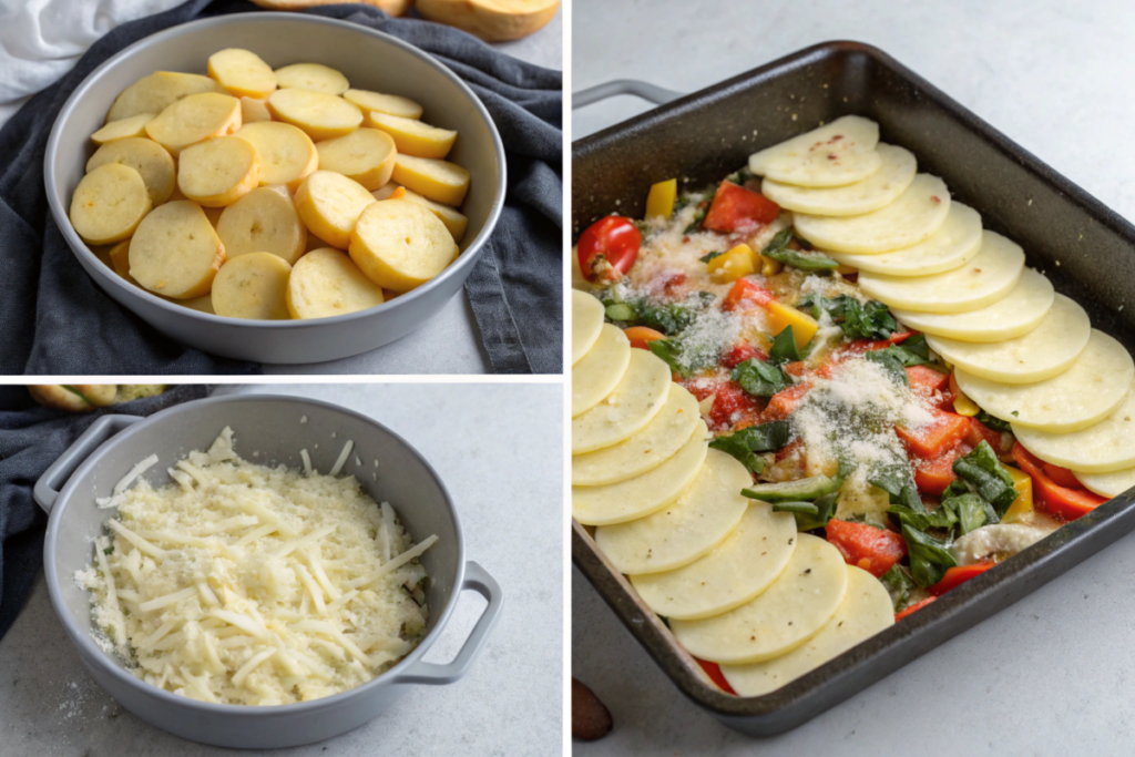 Golden-brown Egg-Free Breakfast Casserole with layers of potatoes, vegetables, and melted cheese, served warm with fresh herbs on top.






