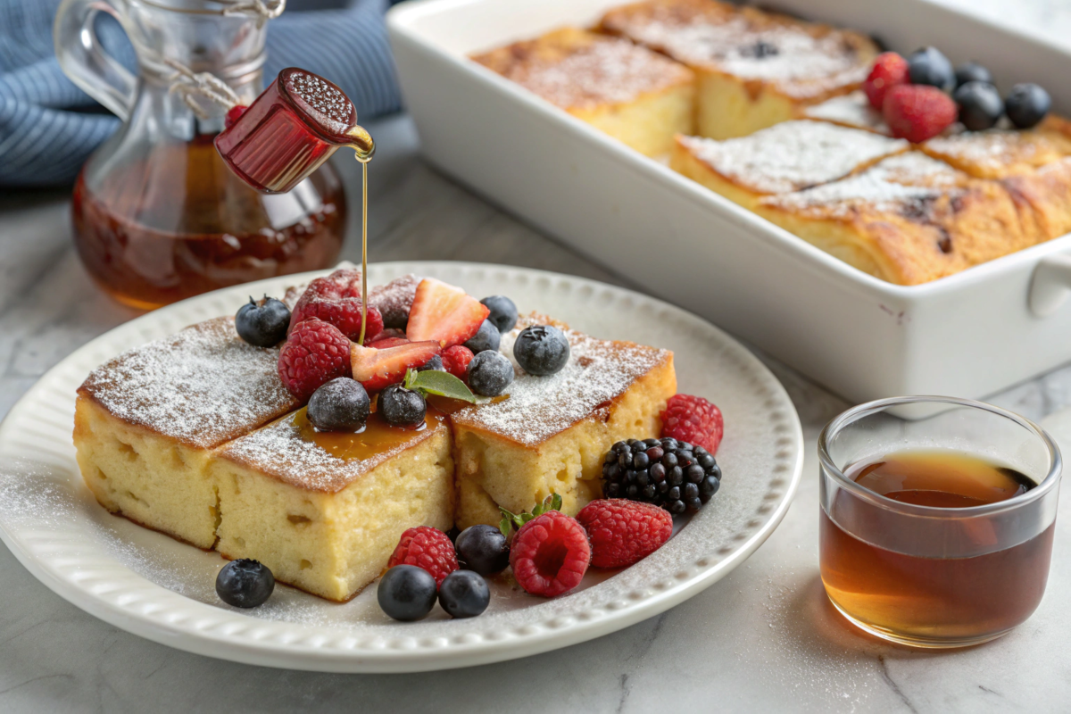 A step-by-step shot of the casserole dish being layered with batter, topped with fresh blueberries and a sprinkle of chocolate chips.