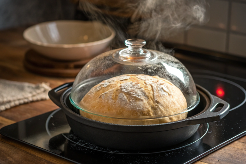 Golden stovetop bread cooked to perfection in a skillet, placed on a cutting board, ready to be sliced and served with butter or olive oil.





