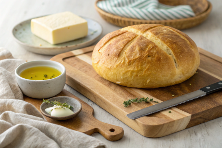 Golden stovetop bread cooked to perfection in a skillet, placed on a cutting board, ready to be sliced and served with butter or olive oil.