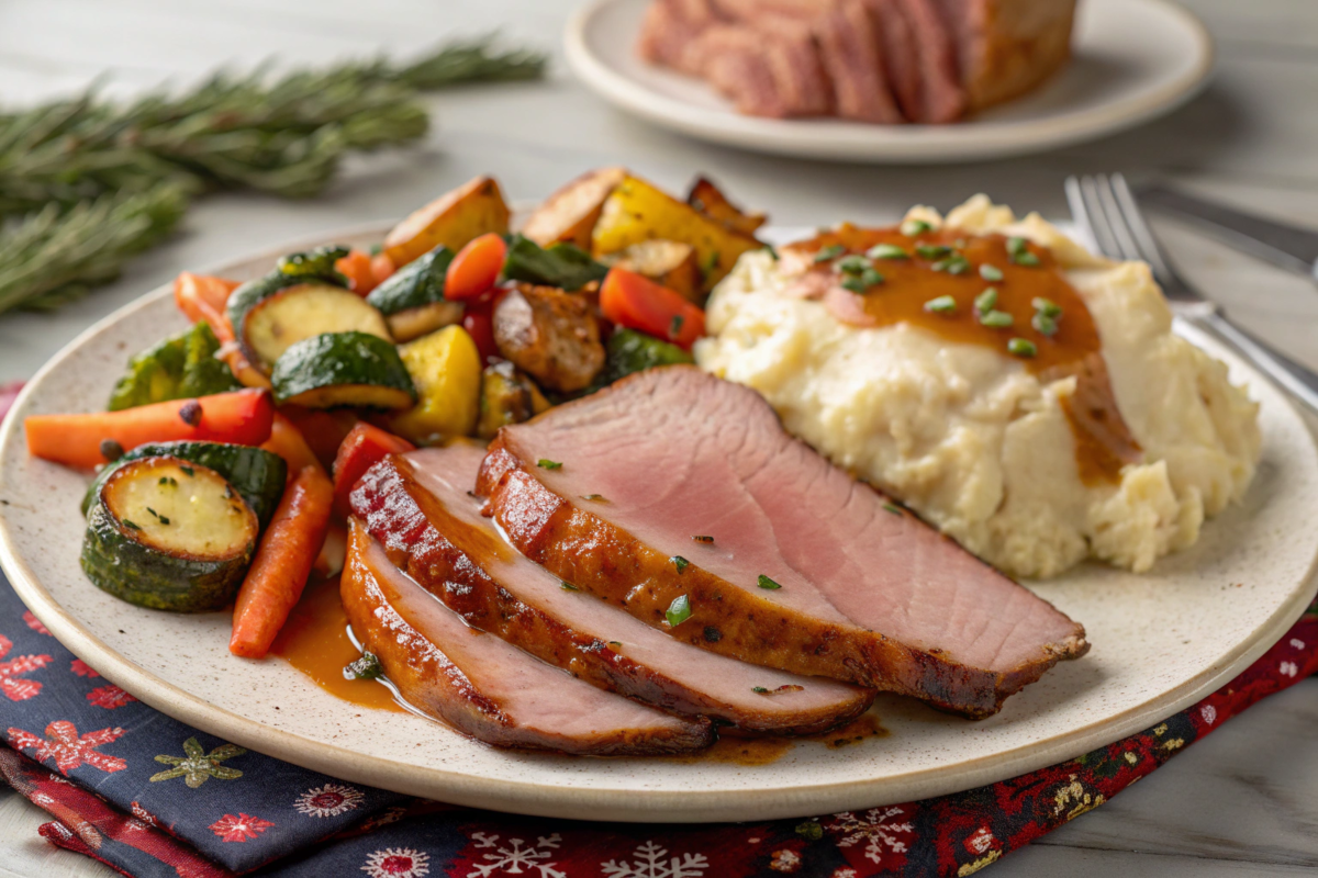 Brown Sugar Ham Glaze brushed over a baked ham, creating a caramelized crust, garnished with pineapples and cherries, perfect for a holiday meal.