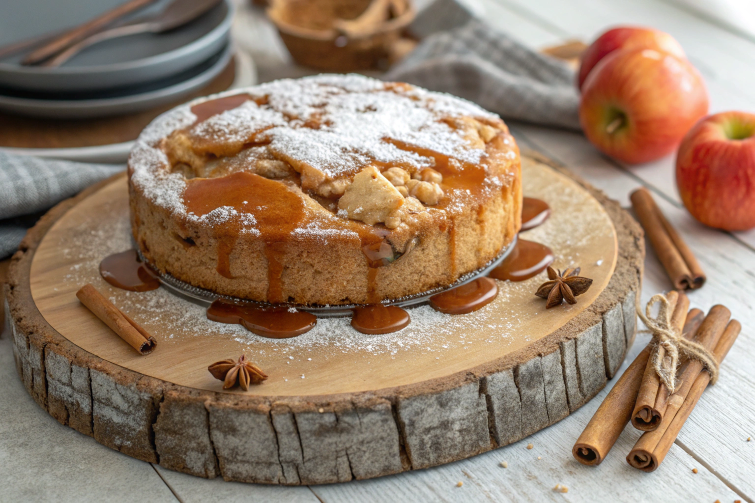 A golden-brown apple pie cake with spiced apple filling and a tender cake layer, served warm with a drizzle of caramel sauce and whipped cream.