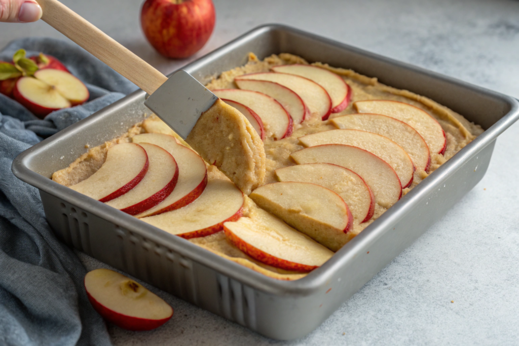 A golden-brown apple pie cake with spiced apple filling and a tender cake layer, served warm with a drizzle of caramel sauce and whipped cream.