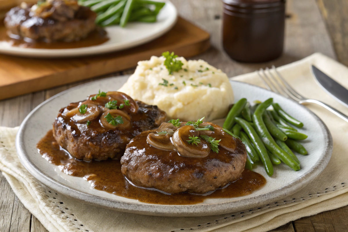 Juicy hamburger steaks covered in rich onion gravy, served with creamy mashed potatoes and a side of green beans on a white dinner plate.