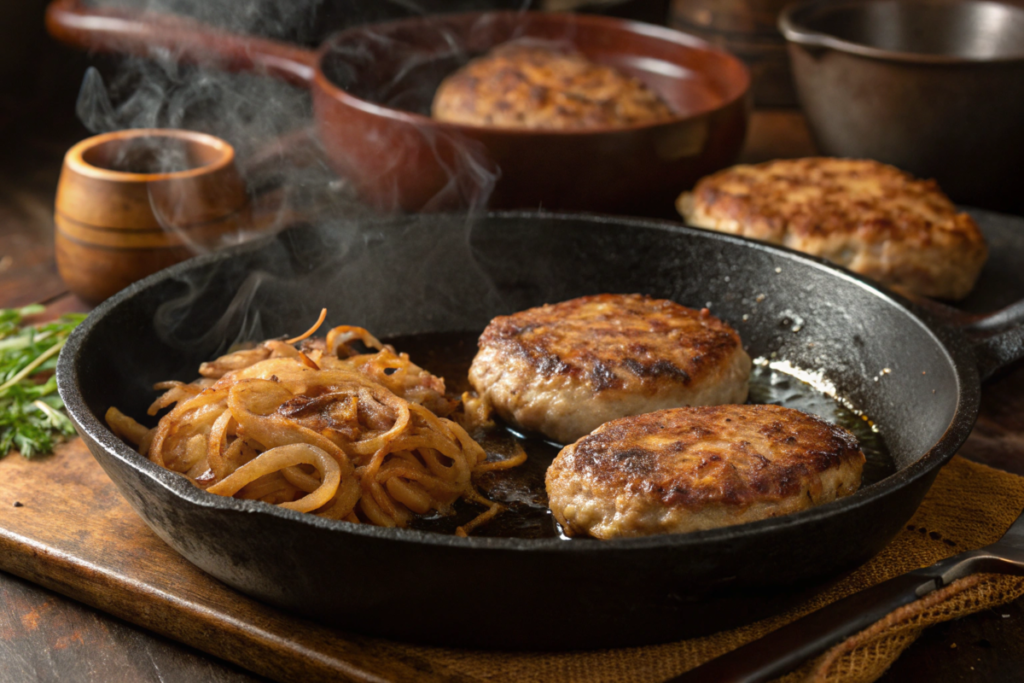 Juicy hamburger steaks covered in rich onion gravy, served with creamy mashed potatoes and a side of green beans on a white dinner plate.





