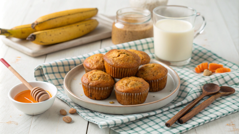 Freshly baked banana carrot muffins cooling on a wire rack, with visible grated carrots and ripe bananas nearby, highlighting their moist texture and golden-brown tops.