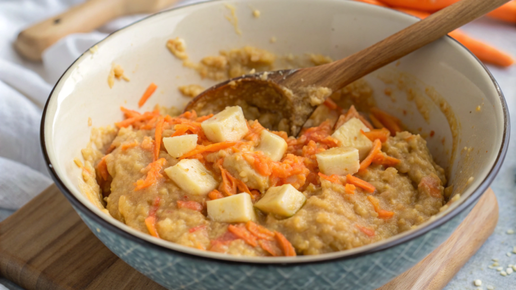 Freshly baked banana carrot muffins cooling on a wire rack, with visible grated carrots and ripe bananas nearby, highlighting their moist texture and golden-brown tops.