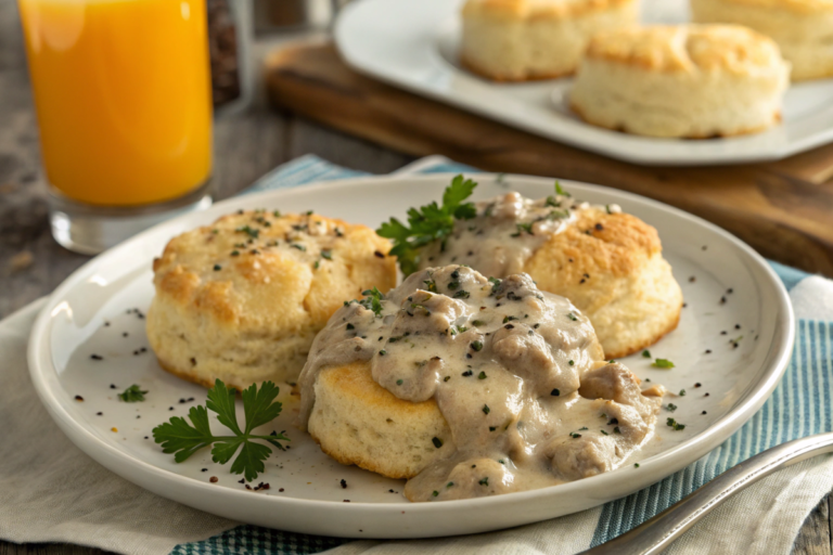 Flaky homemade biscuits topped with creamy sausage gravy, served on a white plate with garnished parsley and a fork on the side.