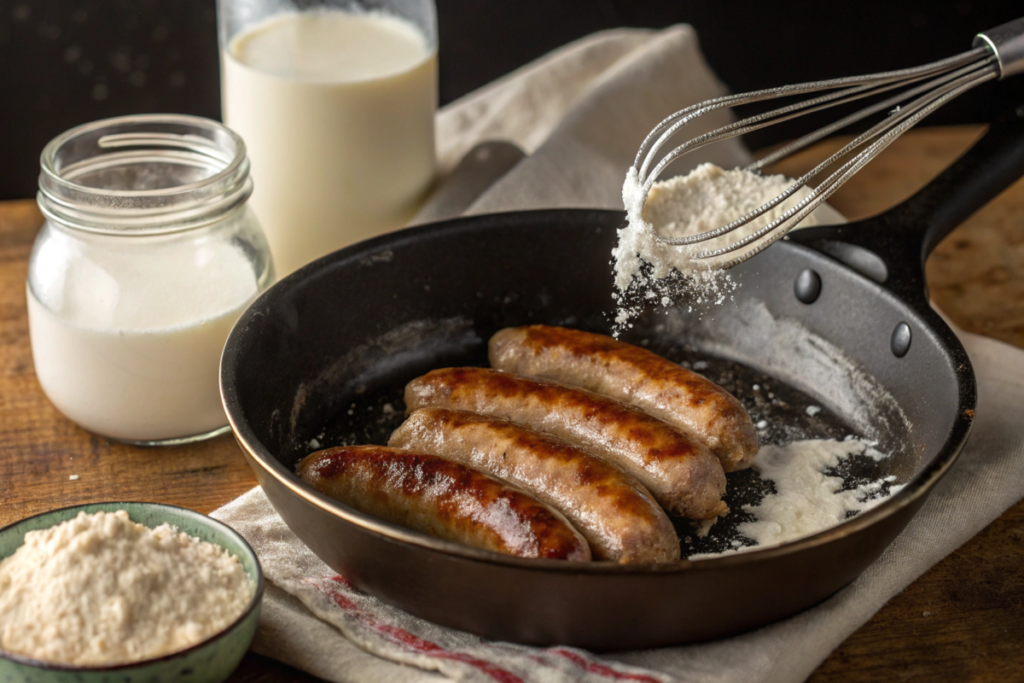 Flaky homemade biscuits topped with creamy sausage gravy, served on a white plate with garnished parsley and a fork on the side.





