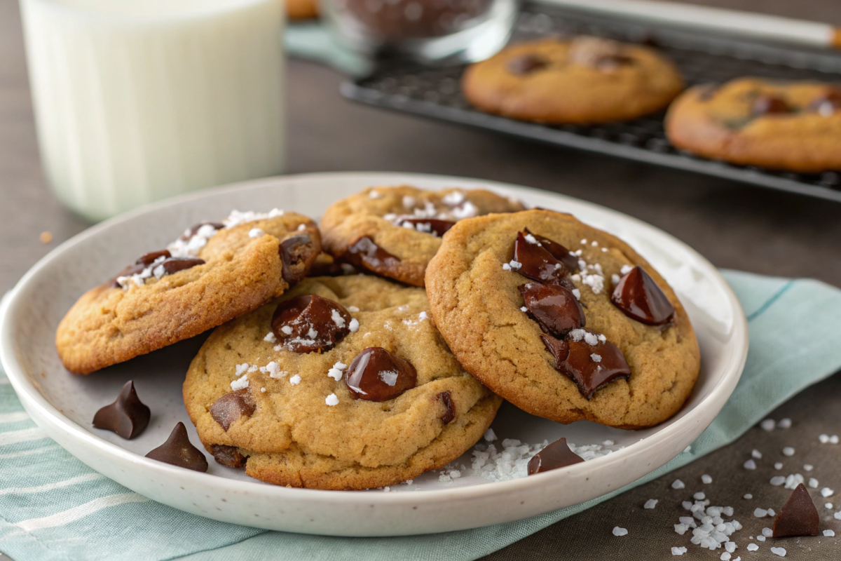 Freshly baked sea salt chocolate chip cookies on a white plate, topped with melted chocolate and a sprinkle of flaky sea salt, perfect for dessert.