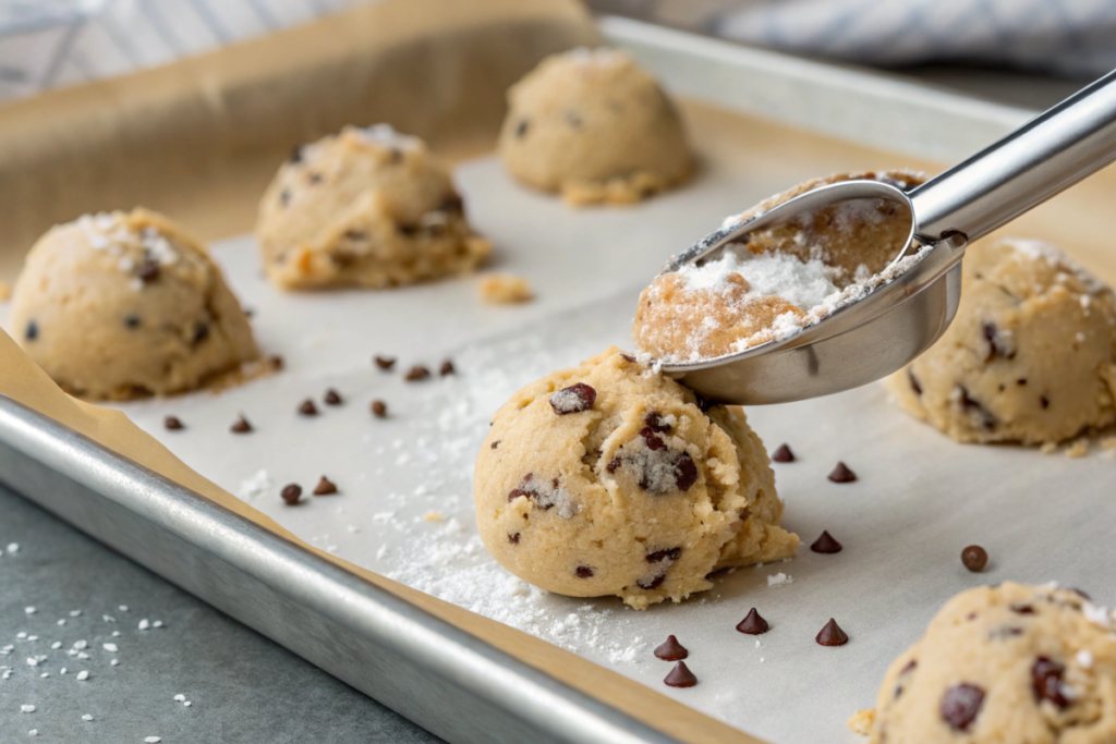 Freshly baked sea salt chocolate chip cookies on a white plate, topped with melted chocolate and a sprinkle of flaky sea salt, perfect for dessert.





