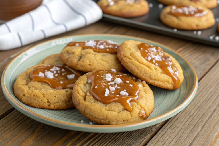 Golden-brown salted caramel cookies with gooey caramel centers, topped with flaky sea salt, arranged on a plate for a sweet-salty dessert.